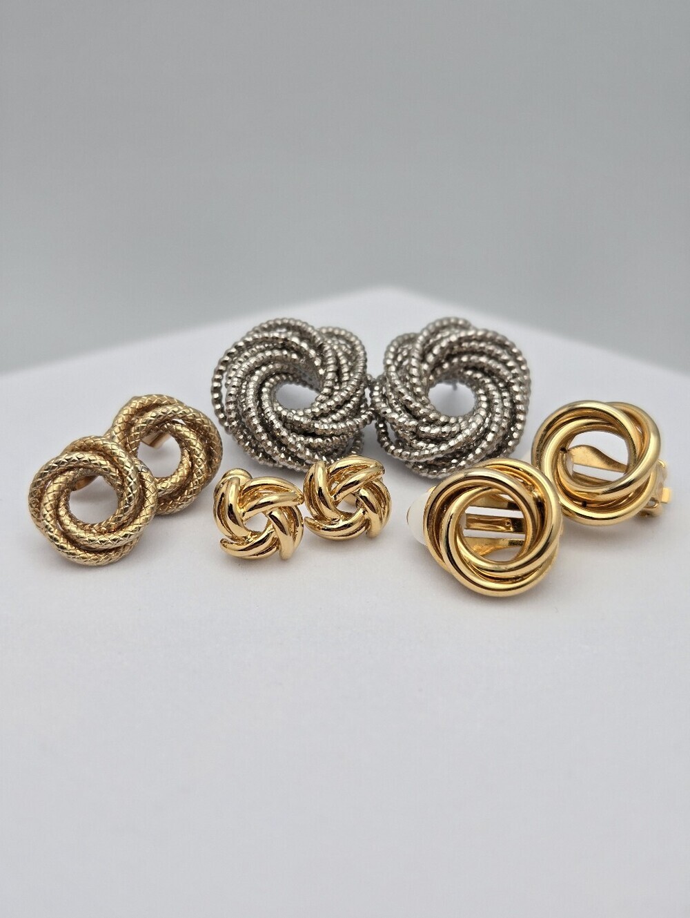 4 Pair Knot Stud Earring Set Gold & Silver Tone Textured Modern New